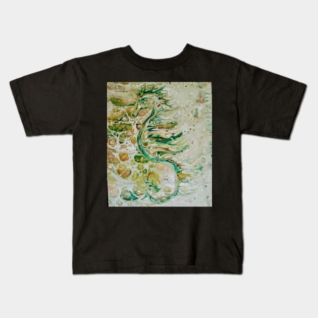 Green and gold seahorse Kids T-Shirt by Annabellepaints